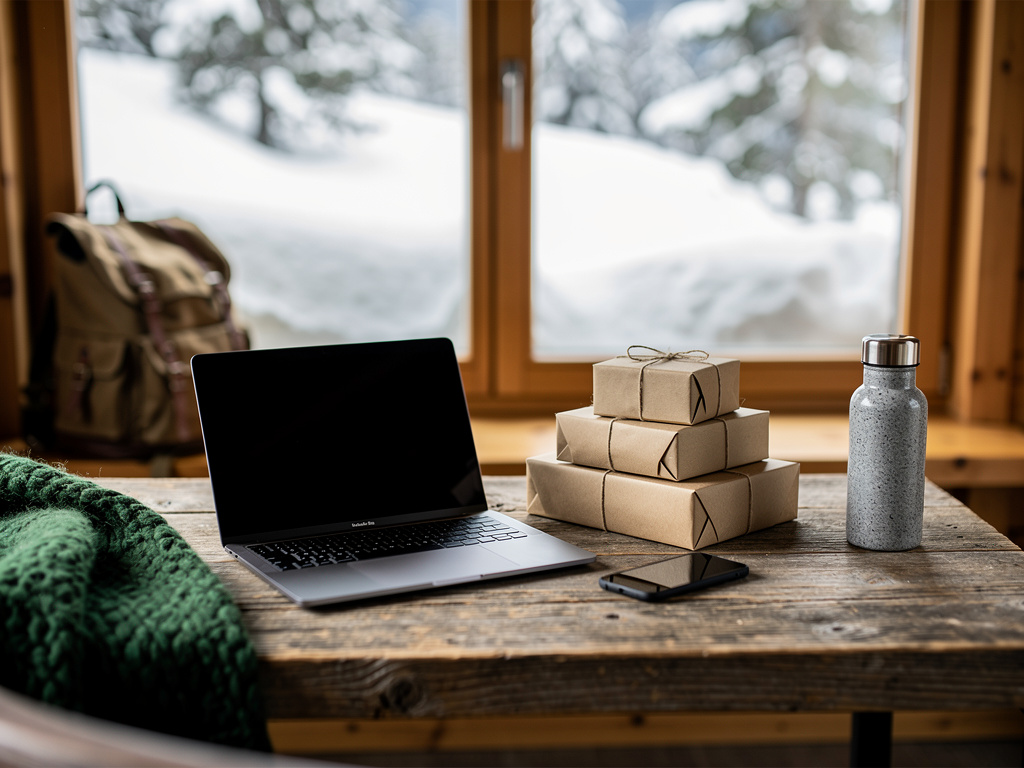 A cabin entrance desk with a laptop, a phone and a stack of neatly wrapped parcels, snow visible through the window, nob