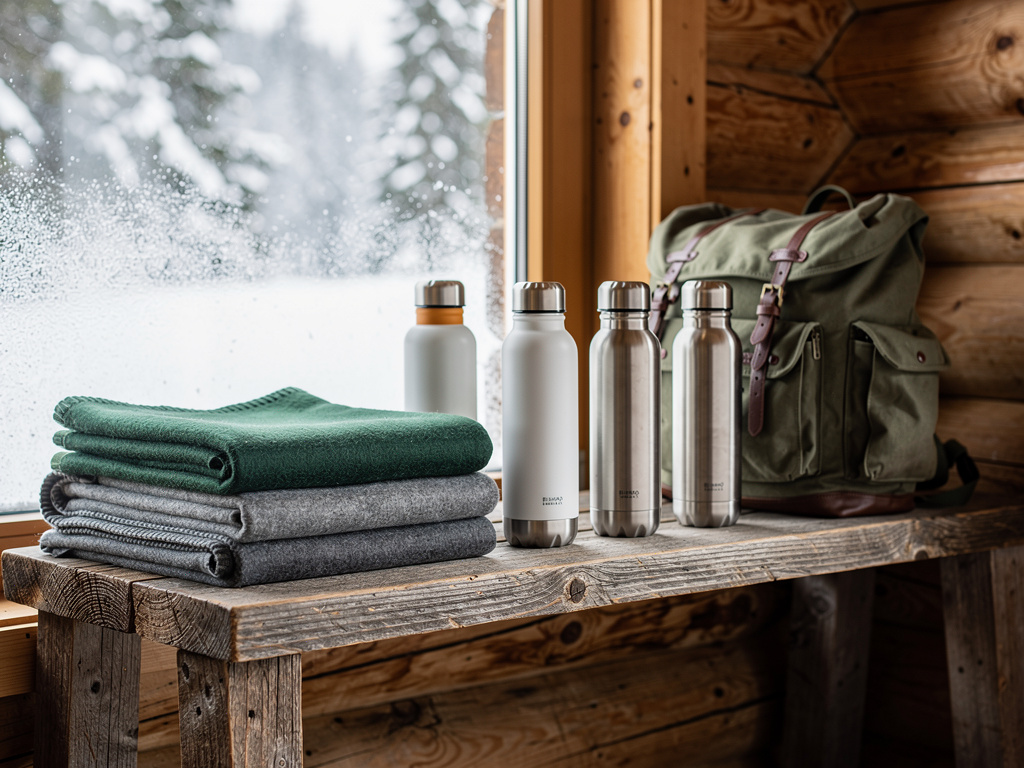 A neatly arranged shelf of outdoor gear inside a timber cabin, each piece spaced with care.