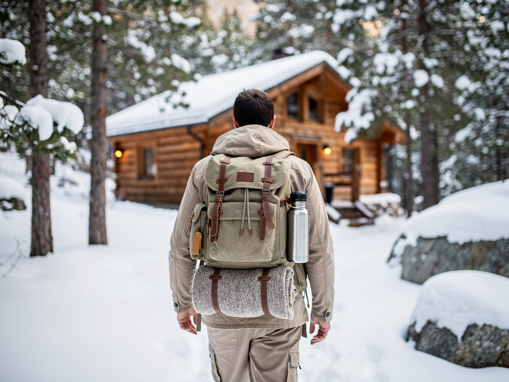 A hiker seen from behind on a snowy trail, carrying a canvas backpack with a bottle clipped to the side.