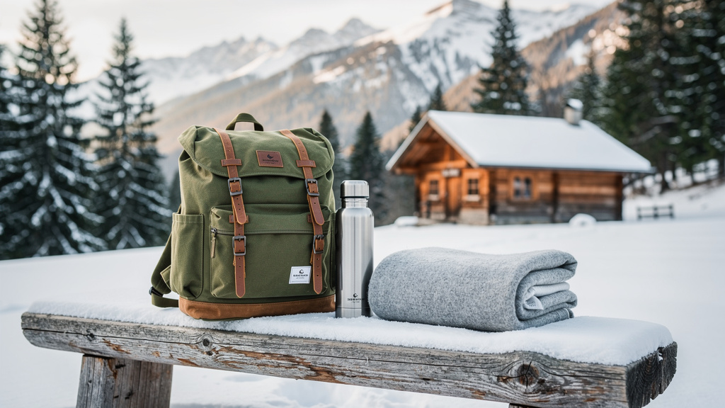 A canvas backpack, a steel insulated bottle and a folded wool blanket resting on a snowy wooden bench, with pine-covered