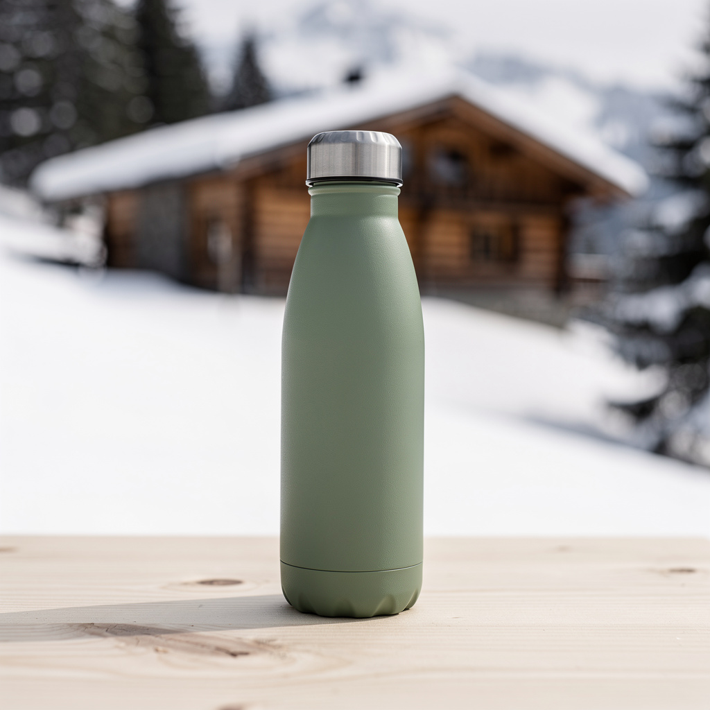 A matte pine-green insulated steel bottle standing alone on a light wooden surface against a soft snow-white background,