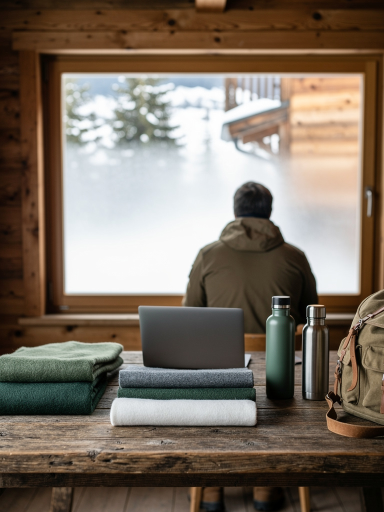 A cabin workspace with a wooden table holding a laptop, fabric swatches and outdoor gear, a person seen from behind look